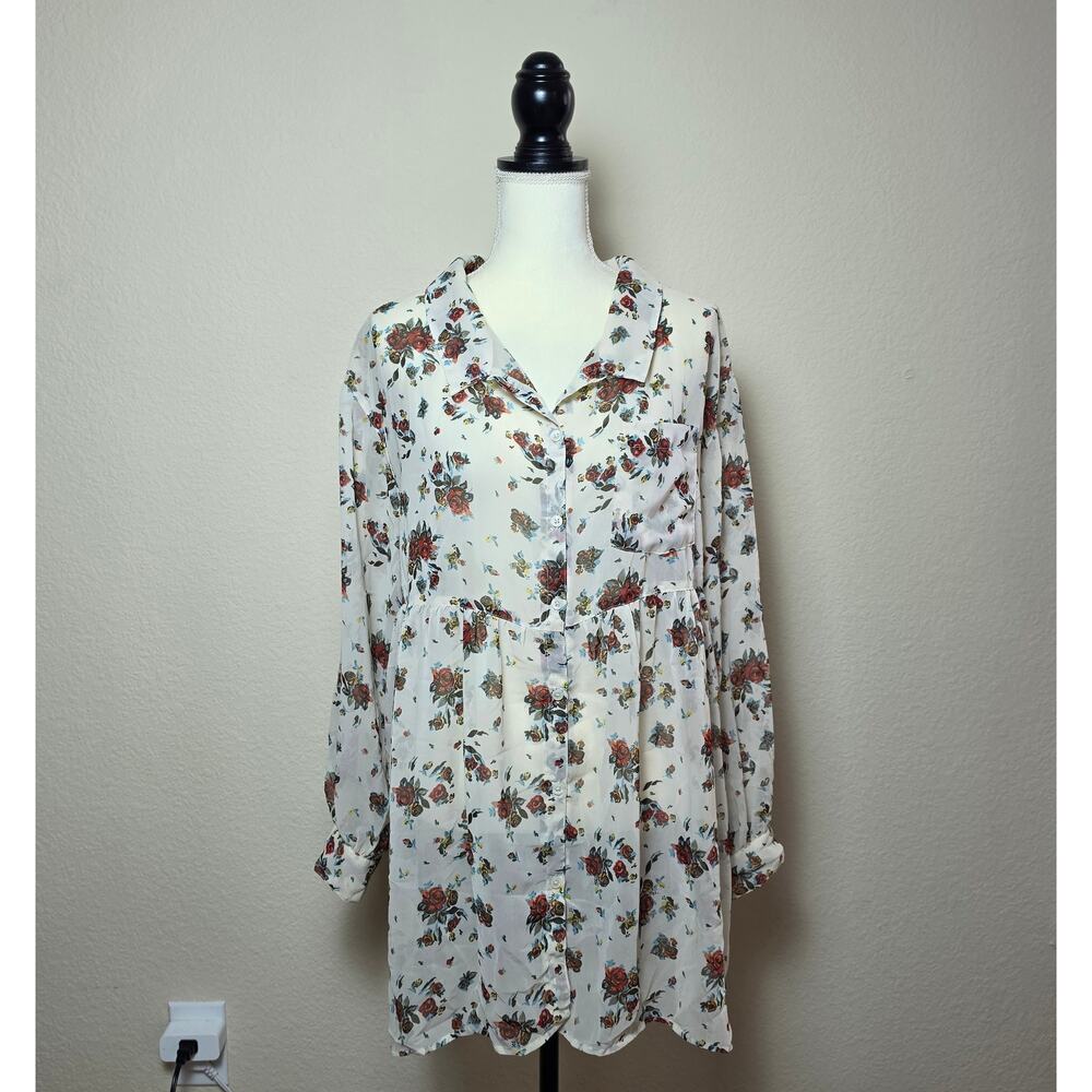 Free People Rose Floral Button Down Tunic Medium